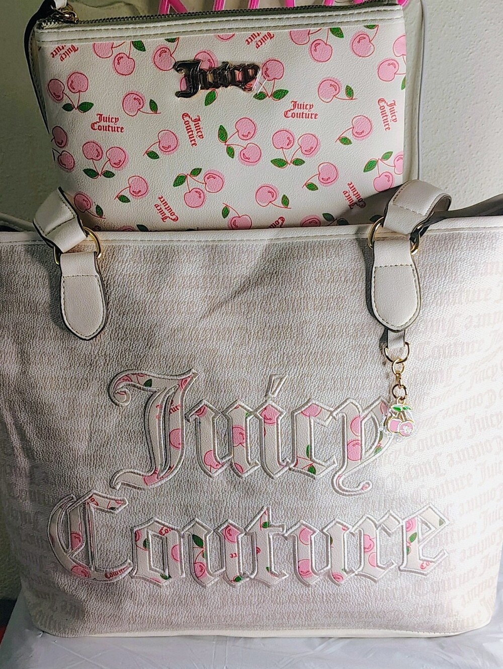 Juicy Couture Cream & Pink Cherry Tote Bag with Pouch